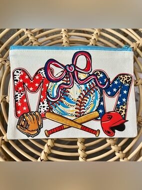 Mom Baseball Canvas mini travel bag or makeup bag - Patriotic Red, Blue, White